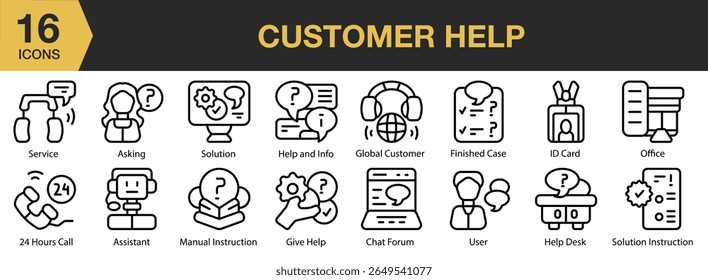 Consumer Help icon set. Includes customer, help, support, service, assistance, and More. Outline icons vector collection.