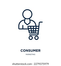 icono de consumidor de la colección de marketing. Un consumidor lineal delgado, un negocio, un icono de contorno del cliente aislado en fondo blanco. Señal de consumidor de vector de línea, símbolo para web y móvil
