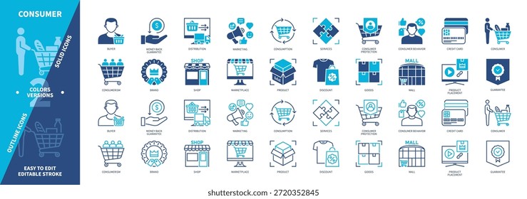 Conjunto de iconos de consumidor. Marca, consumo, marketing, tienda, garantía, centro comercial, distribución, descuento. Iconos de contorno sólidos y editables de color duotono