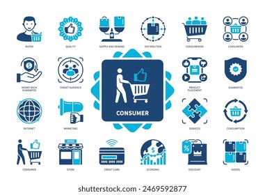 Verbraucher-Symbolsatz. Käufer, Verbrauch, Marketing, Speicher, Garantie, wirtschaftlich, Vertrieb, Rabatt. Zweifarbige Volltonsymbole