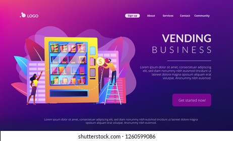 Consumer inserts dollar coin into vending machine and buys snacks and drink. Vending machine service, vending business, self-service machine concept. Website vibrant violet landing web page template.