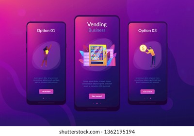 Consumer inserts dollar coin into vending machine and buys snacks and drink. Vending machine service, vending business, self-service machine concept. Mobile UI UX GUI template, app interface wireframe