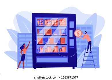 Consumer inserts dollar coin into vending machine and buys snacks and drink. Vending machine service, vending business, self-service machine concept. Pinkish coral bluevector isolated illustration