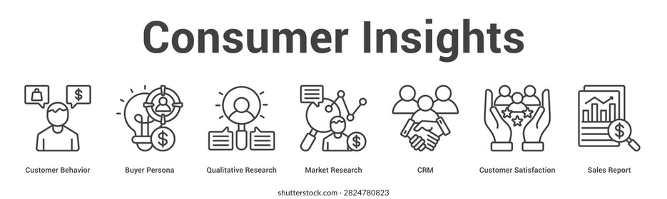 Consumer Insights web banner icon vector illustration concept for business with icon of Customer Behavior, Buyer Persona, Qualitative Research, Market Research, CRM, Customer Satisfaction, Sales.