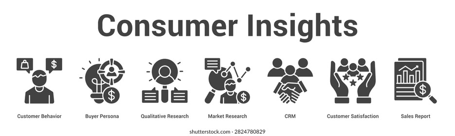 Consumer Insights web banner icon vector illustration concept for business with icon of Customer Behavior, Buyer Persona, Qualitative Research, Market Research, CRM, Customer Satisfaction, Sales.