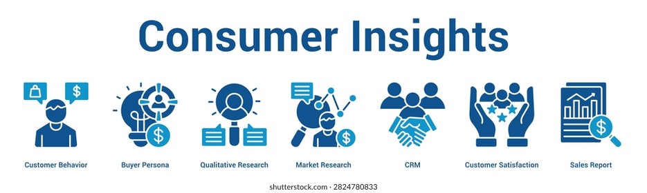 Consumer Insights web banner icon vector illustration concept for business with icon of Customer Behavior, Buyer Persona, Qualitative Research, Market Research, CRM, Customer Satisfaction, Sales.