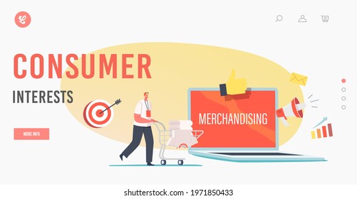 Consumer Interests Landing Page Template. Tiny Promoter Male Character Push Trolley with Promotional Products at Huge Laptop. Merchandising, Brand Logo Identity. Cartoon People Vector Illustration