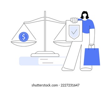 Ilustración vectorial de concepto abstracto de derecho del consumidor. litigio de consumidores, servicio de protección legal, bufete de abogados, acuerdo judicial, sustitución de producto defectuoso, metáfora abstracta de derechos de comprador.