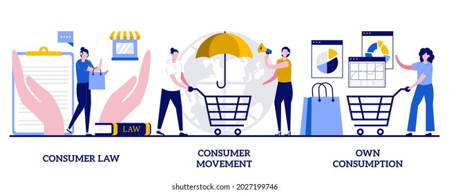 Consumer law, consumer movement, own consumption concept with tiny people. Buyer interests, rights and habits abstract vector illustration set. Legal protection service, consumer litigation metaphor.