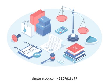 Consumer law, protection. Buyer interests, rights and habits. Legal protection service, customer litigation. Vector illustration in 3d design. Isometric web banner.	
