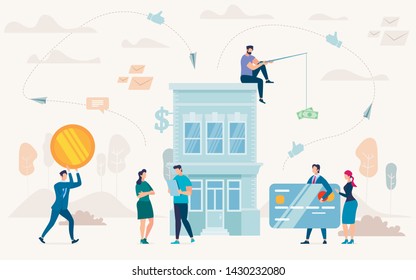 Consumer Loan, Financing Small Business, Startup Investment Flat Vector Concept. Entrepreneur with Tablet Standing near Bank Building, Banker and Financial Advisers Trying to Catch Client Illustration