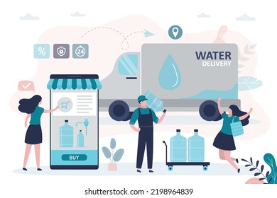 Consumer Makes Online Purchase Of Clean Water In Large Bottles. Company Supplies Bottled Water To Customers. Lorry Delivering Orders To Clients. Mobile App For Ordering Water. Fast Delivery Service.