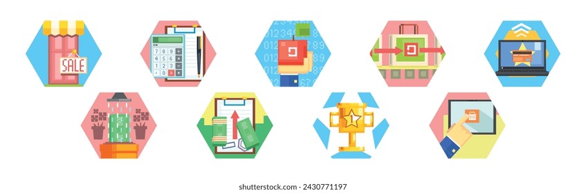 Verbraucher- und Marketing-Symbol in hexagonaler Form Vektor-Set