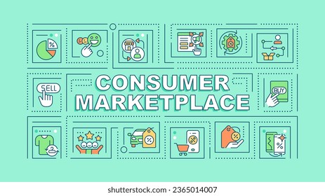 Consumer marketplace text with various thin line icons concept on green monochromatic background, editable 2D vector illustration.