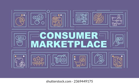 Consumer marketplace text with various thin linear icons concept on dark purple monochromatic background, customizable 2D vector illustration.