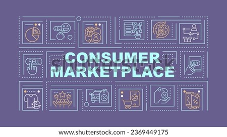 Consumer marketplace text with various thin linear icons concept on dark purple monochromatic background, customizable 2D vector illustration.