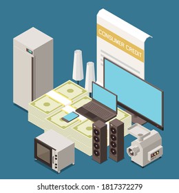 Consumer micro credit to buy household items isometric composition with refrigerator tv computer kitchen utensils vector illustration 