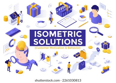 Consumer Motivation and Behavior isometric solutions elements collection. Trends in marketing industry 3d vector illustrations. Analysing needs and requirements of clients. Business promotion