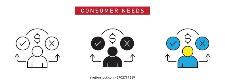 Ícone de Necessidades do Consumidor: O Usuário Escolhe Entre Dinheiro, Marca de Seleção e Símbolos Cruzados.