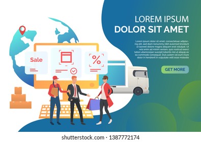 Consumer ordering goods in internet store. Sales agent, courier, shopper with bags. Online shop concept. Vector illustration can be used for topics like consulting, shopping, special offer