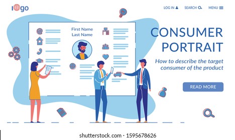 Consumer Portrait Vector Landing Page Template. Client Needs Researching Website Homepage Flat Layout. Product Buyer Personal Profile, Account. Candidate CV, Employee Resume Cartoon Web Banner