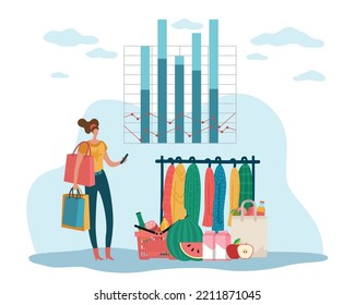 Consumer price index, graph of financial expenses by average market basket. Food and clothes inflation, purchase statistical rate, financial crisis. Business and economic. Vector CPI concept