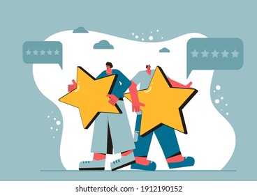 Consumer product review. Feedback concept. Happy clients. People holding stars in their handsand giving their choice. Service rating. Satisfaction level. Vector flat illustration.