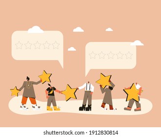 Überprüfung von Verbraucherprodukten. Feedback-Konzept. Glückliche Kunden. Menschen, die Sterne in ihren Händen halten. Dienstleistungsbewertung. Zufriedenheit. Vektorflache Illustration.