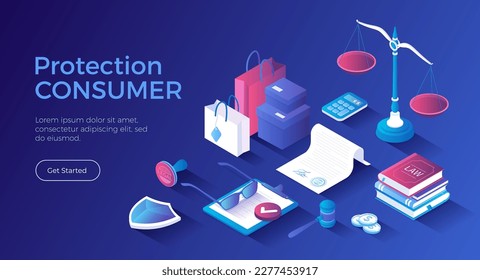 Consumer protection. Buyer's legal rights, purchase safety. Buyer seller relationship regulations. Isometric landing page. Vector web banner.