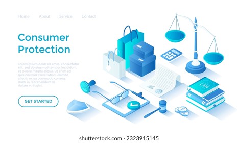 Consumer protection. Buyer's legal rights, purchase safety. Buyer seller relationship regulations. Landing page template for web on white background.	
