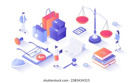 Consumer protection. Buyer's legal rights, purchase safety. Buyer seller relationship regulations. Isometry illustration with people scene for web graphic.	
