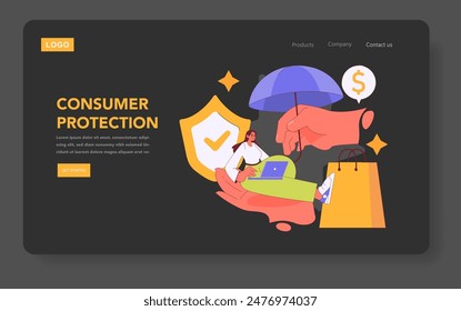 Consumer Protection concept. Illustration of safeguarding buyers, featuring shields, umbrella, and secure transactions. Guaranteeing customer rights and safety online. Vector illustration.