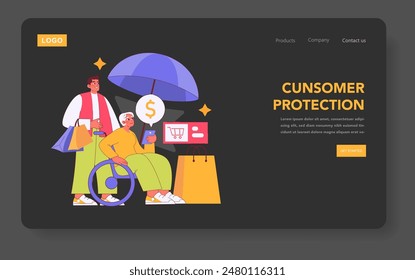 Consumer Protection concept. An illustration showing a cheery senior woman with a young man under an umbrella signifying financial safety. Online shopping security. Vector illustration.