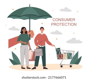 Consumer protection concept. Man and woman with cart with goods stand under umbrella. Metaphor for responsible manufacturer and customer care. Business ethics. Cartoon flat vector illustration