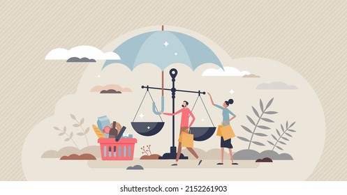 Consumer protection with customer purchase legal justice tiny person concept. Shopping fraud security with risk control and government regulation to guarantee buyer secure purchase vector illustration