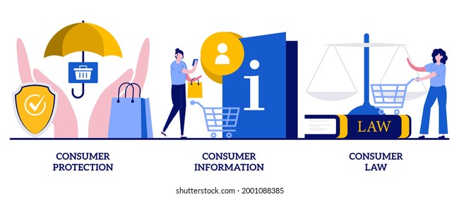 Consumer protection, information and law concept with tiny people. Buyers rights regulation abstract vector illustration set. Judicial agreement, legal protection service, buyer rights metaphor.
