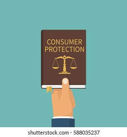 Consumer Protection. A Law Book Hold In The Hands Of The Customer. Vector Illustration Flat Design. Isolated On Background. Legislation.  Study Of Law, Rights.