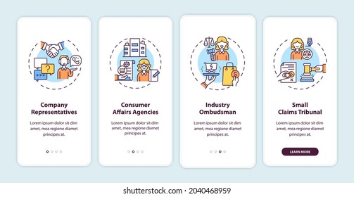 Consumer protection services onboarding mobile app page screen with concepts. Industry ombudsman walkthrough 4 steps graphic instructions. UI, UX, GUI vector template with linear color illustrations