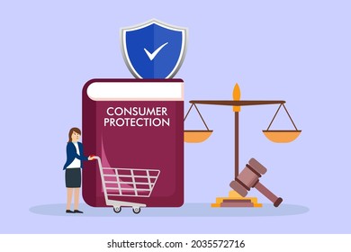 Consumer protection vector concept: Young woman holding shopping cart with law book of consumer protection and gavel