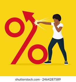 Consumer punching a percent symbol with arrow going up: rising prices and inflation concept
