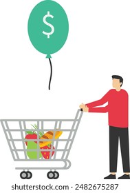 Concepto de disminución del poder adquisitivo de los consumidores, la inflación causa aumento del Precio, las acciones o los fondos están sobrevaluados, globos de aire caliente atados con etiquetas de Precio de productos vuelan alto en el cielo. Ilustración vectorial.