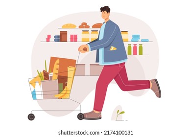 Consumer pushing shopping trolley full of grocery products in supermarket. Cartoon young happy man walking with shopper cart to buy food flat vector illustration. Purchase, shop, market concept