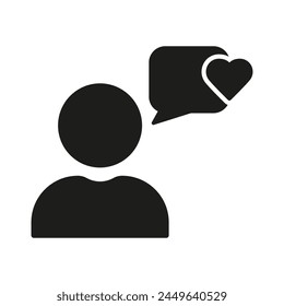 Consumer Rating Silhouette Icon. Customer Loyalty Glyph Pictogram. User Feedback Solid Sign. Person With Speech Bubble And Heart Shape, Service Evaluation Symbol. Isolated Vector Illustration.