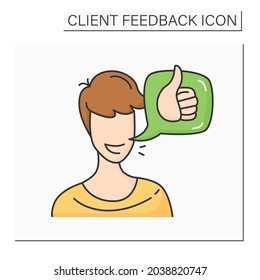 Icono de color de recomendación del consumidor. Cabecera de cliente con comentario de arriba. Servicio de marketing y concepto de gestión de comentarios de clientes. Experiencia positiva. Ilustración vectorial aislada