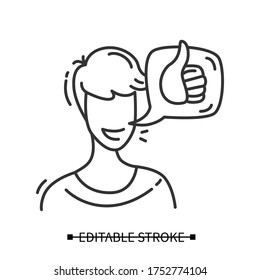 Consumer recommendation icon. Client head with thumb up comment. Marketing service and customer feedback management concept. Positive experience pictogram. Editable stroke line vector illustration