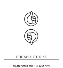  Consumer recommendation line icon. Thumb up and down comment speech bubble. Marketing service. Customer feedback concept. Client feedback concept. Isolated vector illustration. Editable stroke