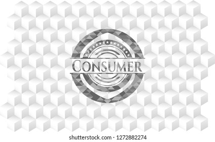 Consumer retro style grey emblem with geometric cube white background