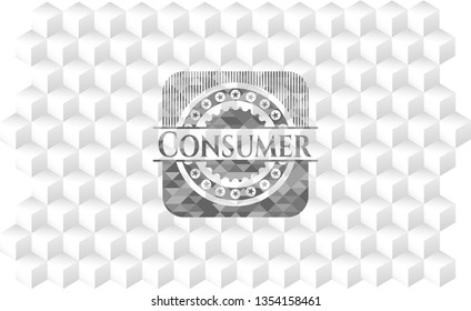 Consumer retro style grey emblem with geometric cube white background
