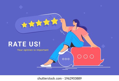 Consumer review and 5 stars rating. Flat vecor illustration of smiling woman sitting on speech bubbles and pointing to five stars as a rating result. Customer feedback and positive rating for goods