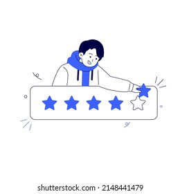 Consumer review and 5 stars rating. and pointing to five stars as a rating result. rate with people holding gold stars and positive rating for goods Flat vecor illustration 